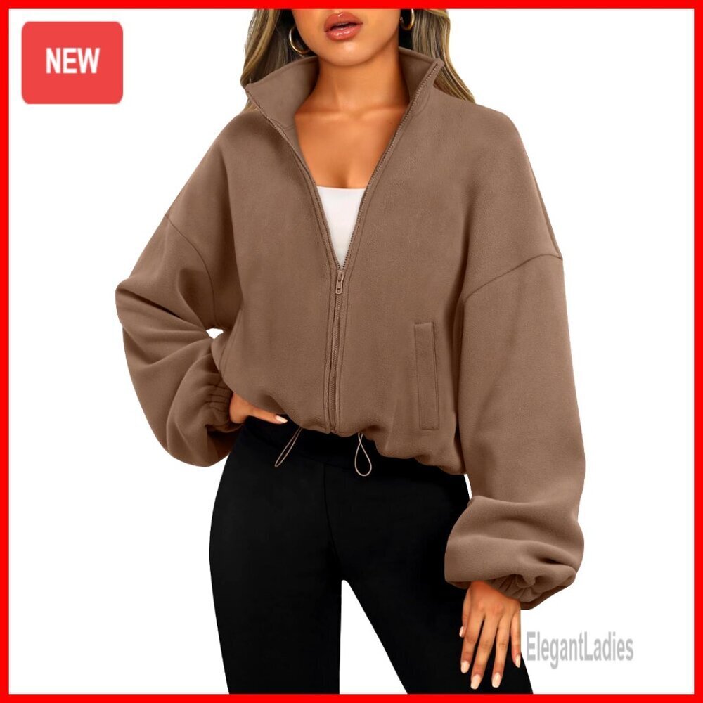 Oversized Cropped Fleece Jacket, Full Zip Sherpa Sweatshirt for Winter